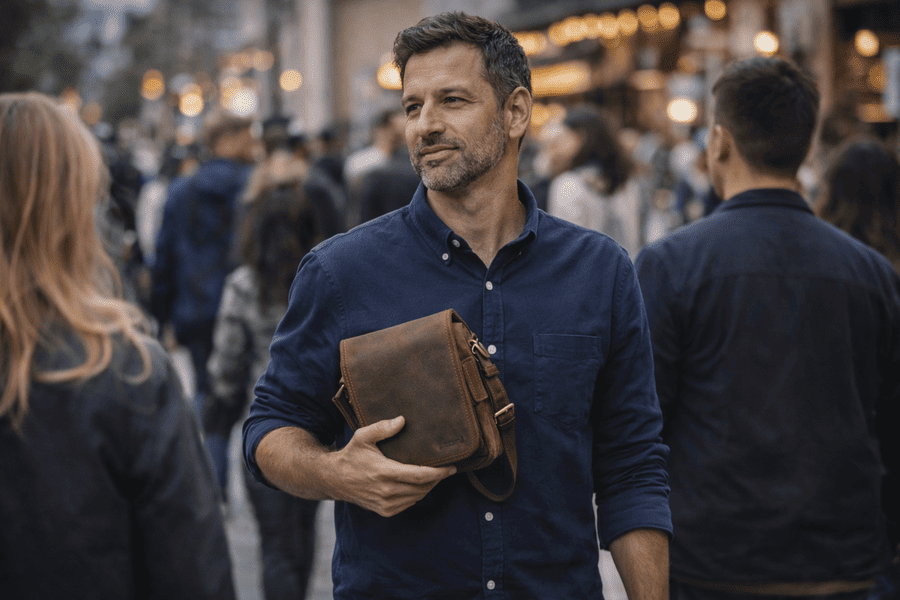 muž má v ruke koženú tašku mk